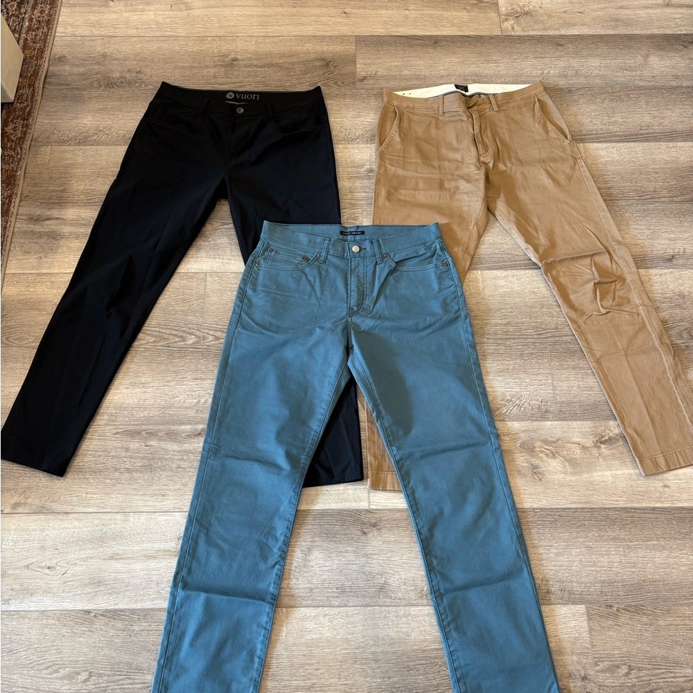 Vuori Black, J Crew Khakis, and Lucky Blue Chinos